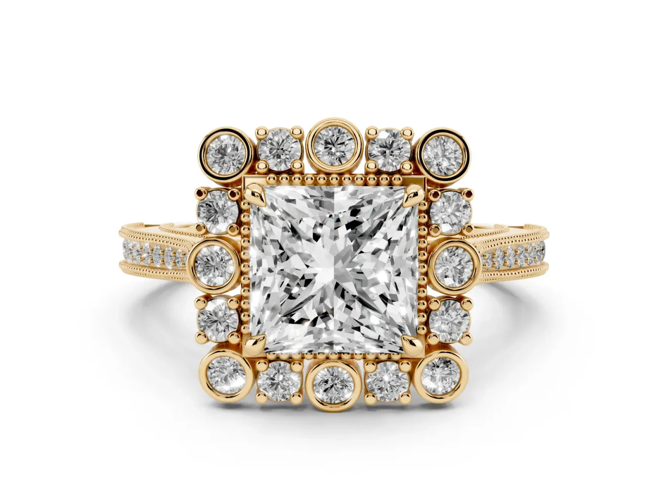 Princess Cut Diamond Halo Milgrain Pavé Ring Set in Yellow gold with Prong Setting