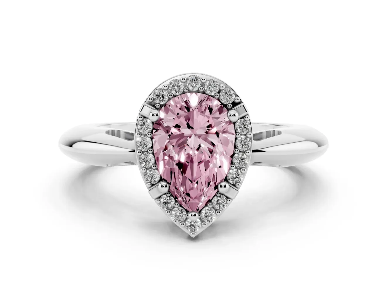 Fancy Pink Pear Cut Diamond Halo Engagement Ring Set in Silver with Plain Split Shank and Prong Setting