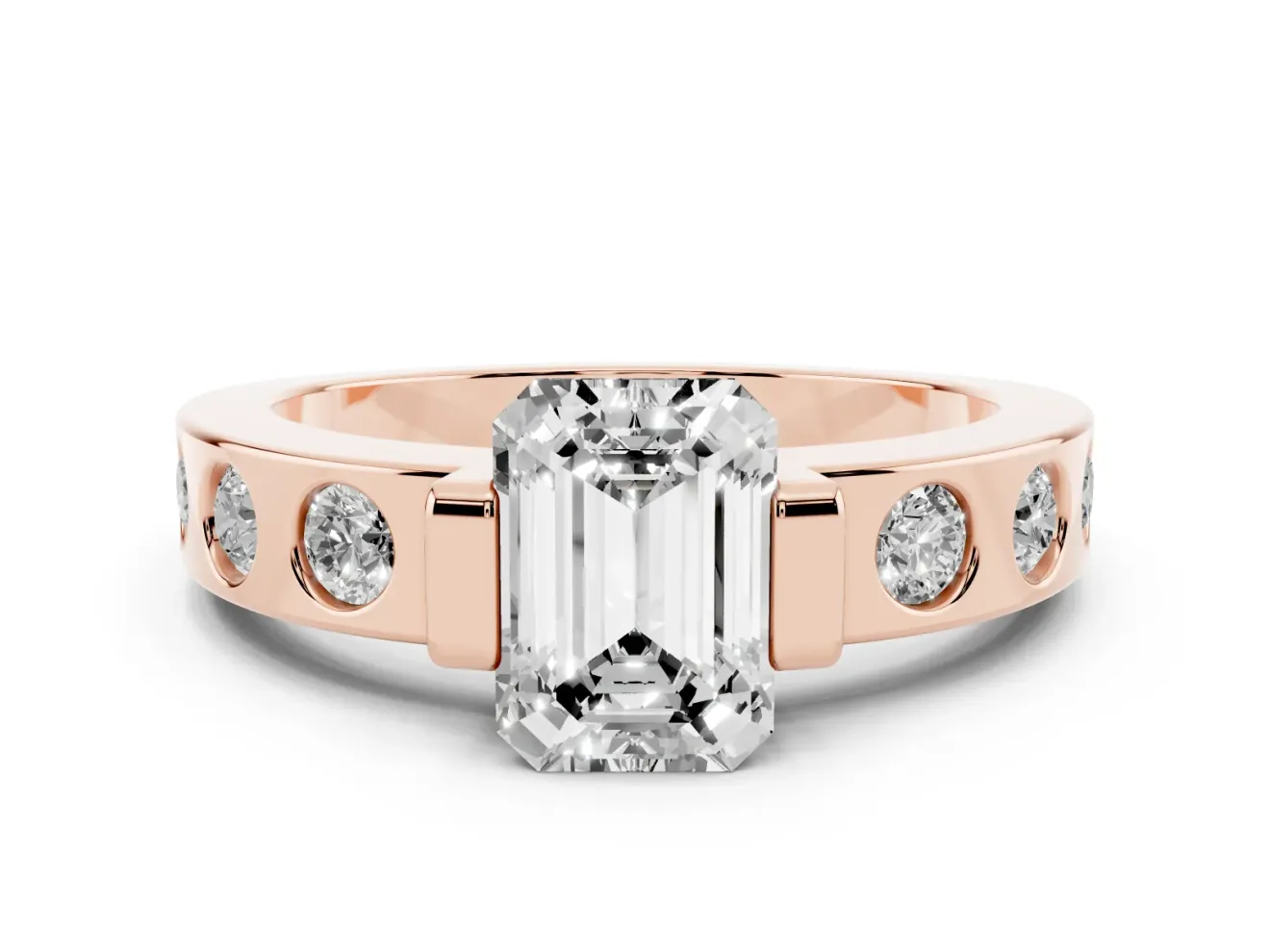 Emerald Cut Tension Style Engagement Ring Setting | Flush Set Accents | Rose Gold