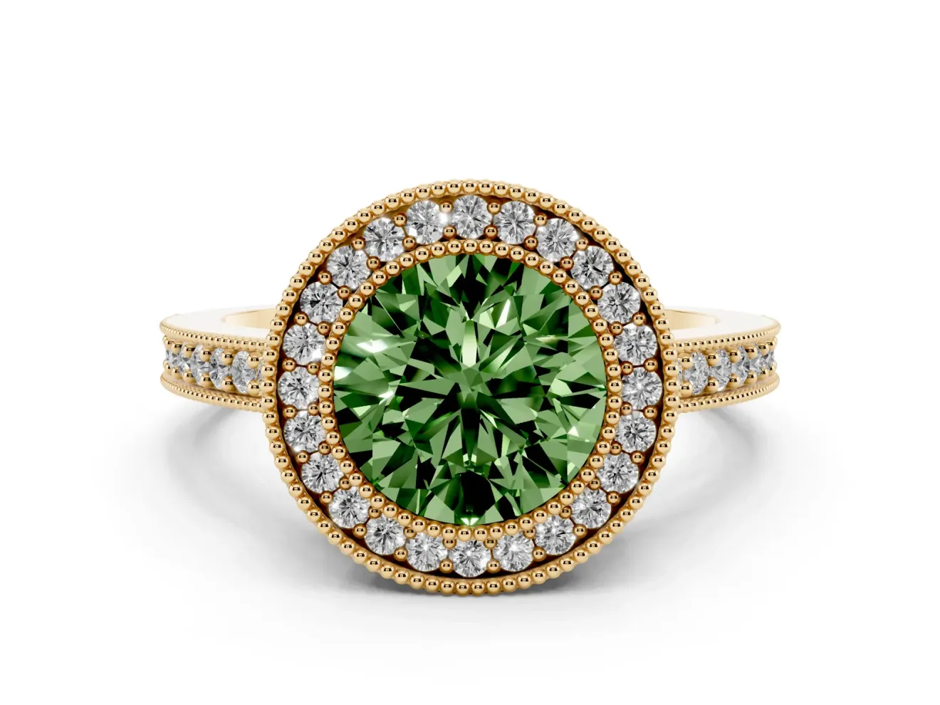Fancy Green Round Cut Diamond Halo Engagement Ring Set in Yellow gold with Pavé Band and Round Halo Stones