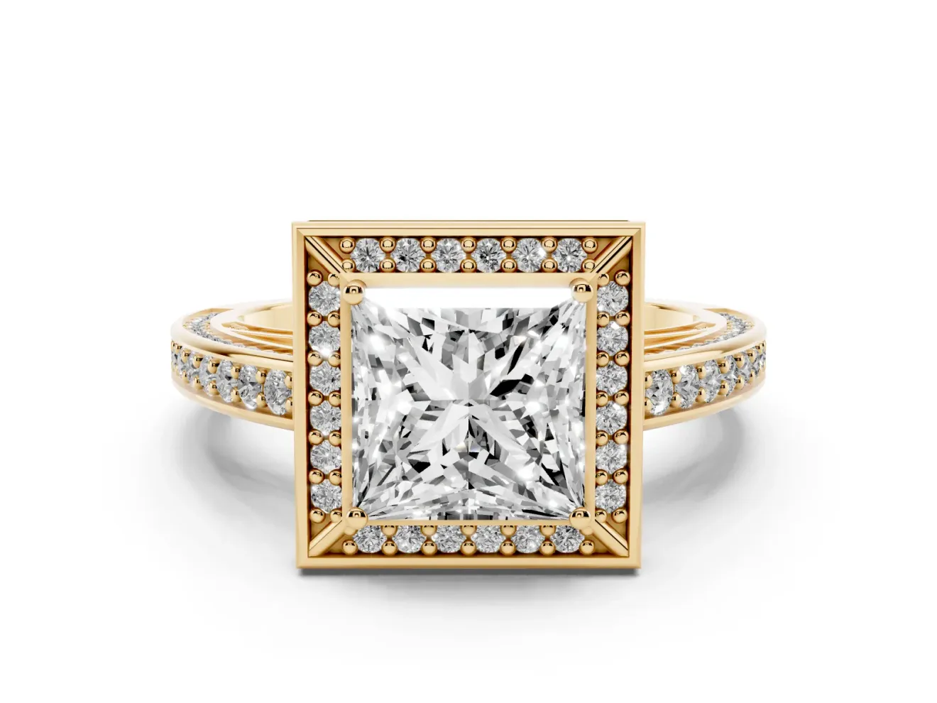 Princess Cut Sectioned Halo Engagement Ring Setting | Pavé Gallery and Band | Yellow Gold