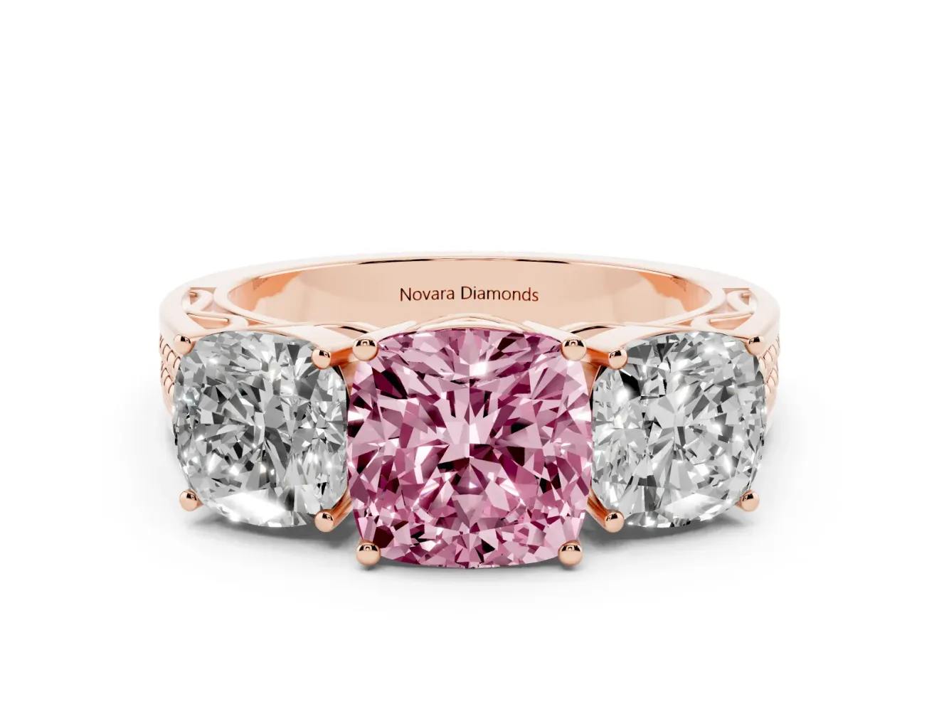 Cushion Cut Three Stone Engagement Ring Setting for a Fancy Pink Lab-Grown Diamond | Beaded Shoulders | Rose Gold