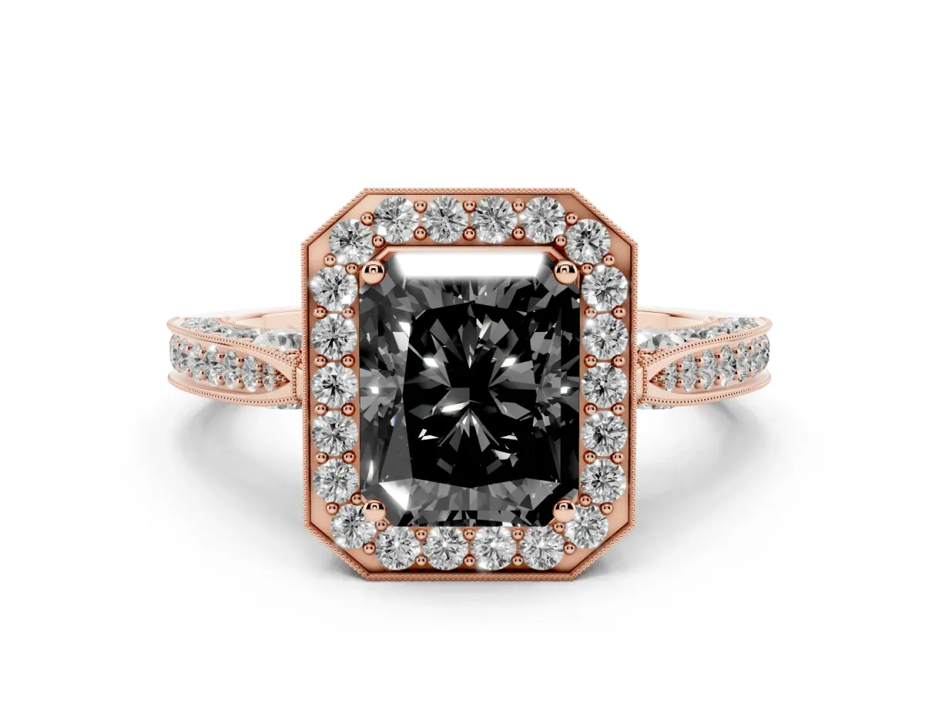 Radiant Cut Milgrain Halo Engagement Ring Setting for a Black Center | Side Stones | Rose Gold