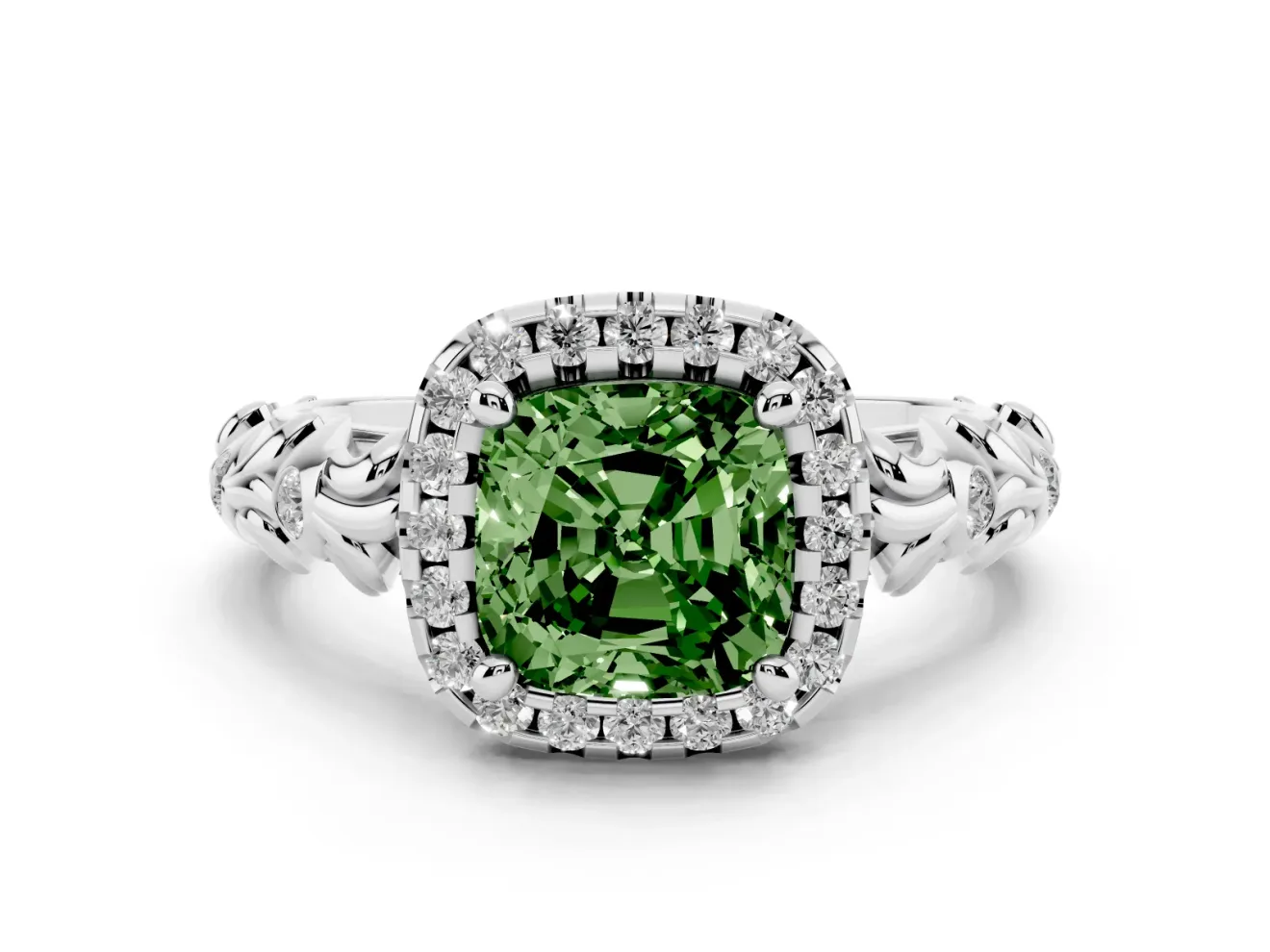 Cushion Cut Leaf Halo Engagement Ring Setting for a Fancy Green Lab-Grown Diamond | Bezel Accents | Platinum