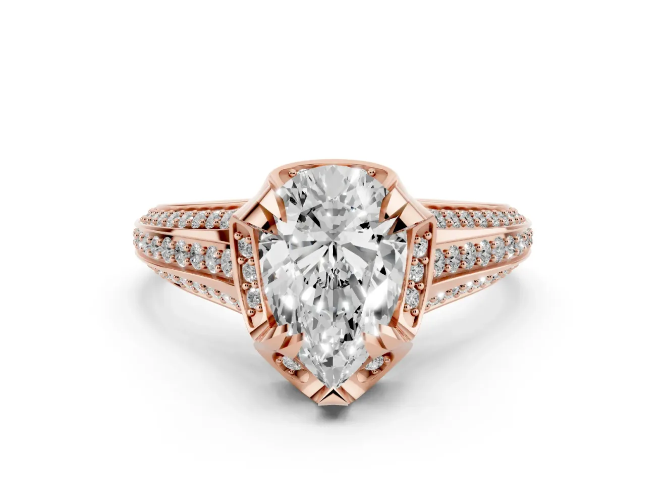 Pear Cut Diamond Pavé Split Shank Solitaire Ring Set in Rose gold with Prong Setting