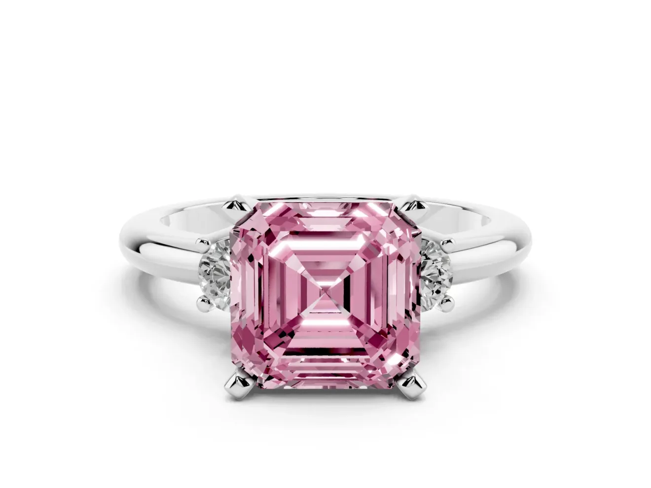 Fancy Pink Three-Stone Asscher Cut Diamond Ring Set in Platinum with Prong Setting and Plain Band