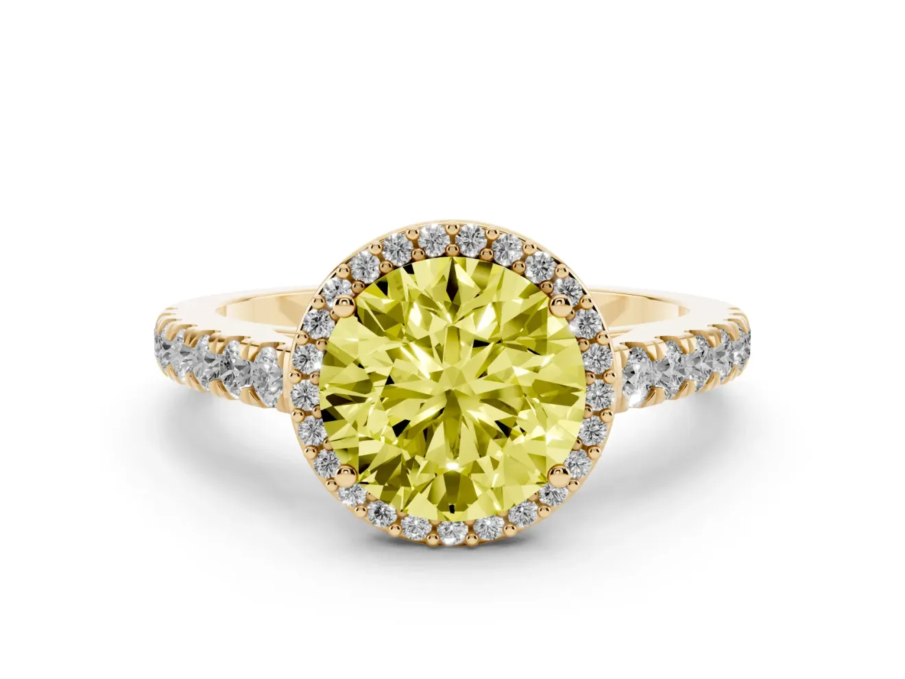 Fancy Yellow Round Cut Diamond Halo Engagement Ring Set in Yellow gold with Pavé Band and Prong Setting