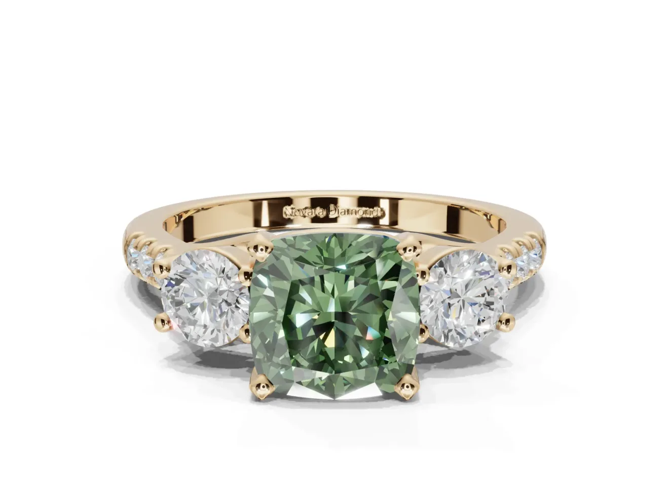 Cushion Cut Three-Stone Engagement Ring Setting for a Fancy Green Lab-Grown Diamond | Yellow Gold