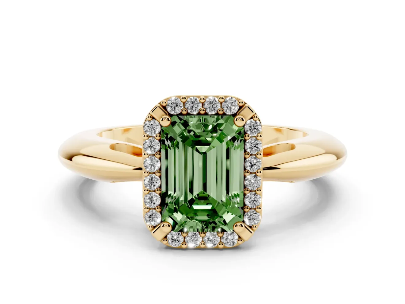 Fancy Green Emerald Cut Diamond Halo Engagement Ring Set in Yellow gold with Plain Split Shank and Prong Setting