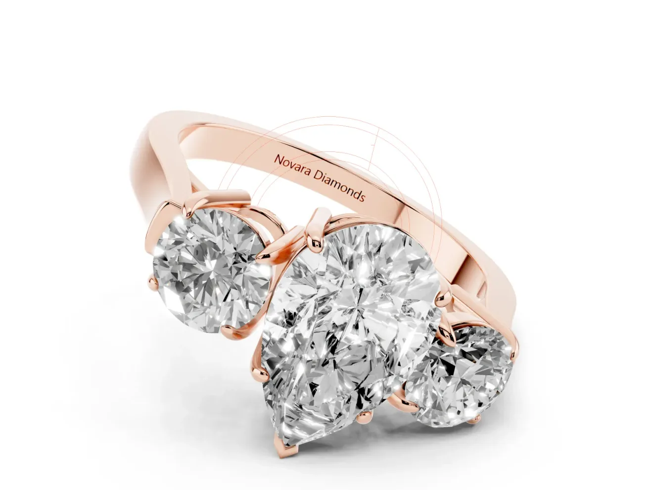 Pear Cut Diamond Three-Stone Ring Set in Rose gold with Round Accent Stones and Plain Band