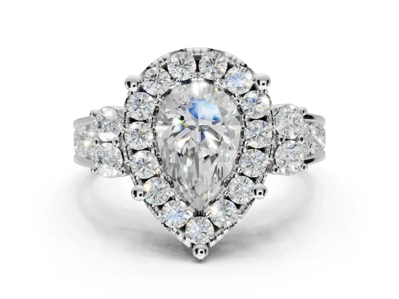 Pear-Shaped Halo Side Cluster Engagement Ring Setting | Graduated Channel Band | White Gold