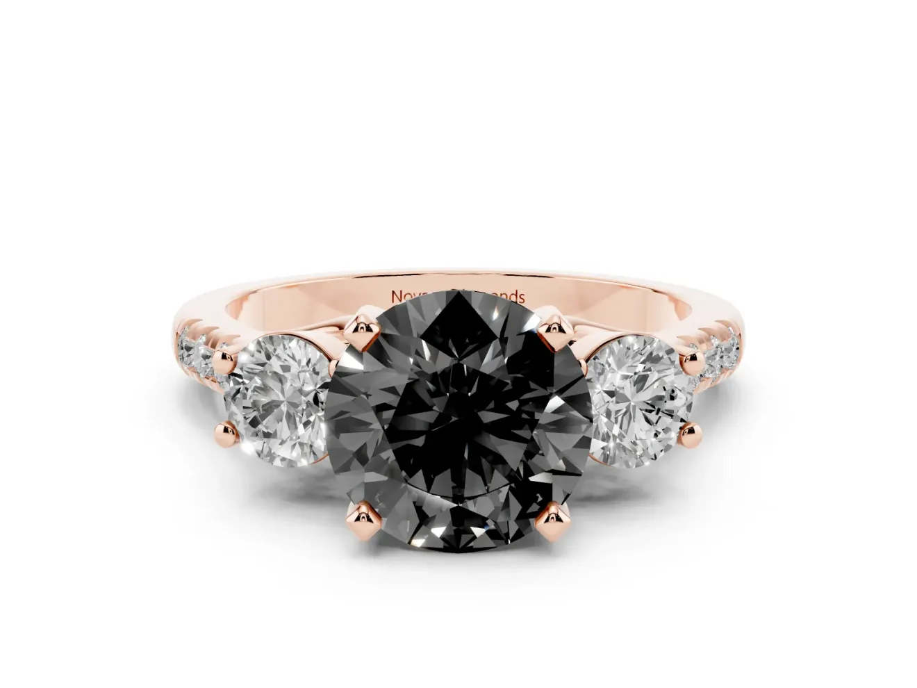 Round Three-Stone Pavé Engagement Ring Setting for a Black Center | Round Side Stones | Rose Gold