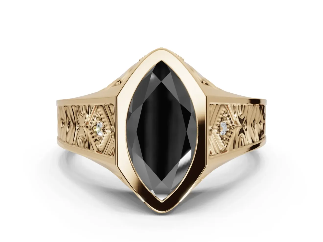 Marquise Vintage Bezel Engagement Ring Setting for a Black Center | Engraved Band | Yellow Gold