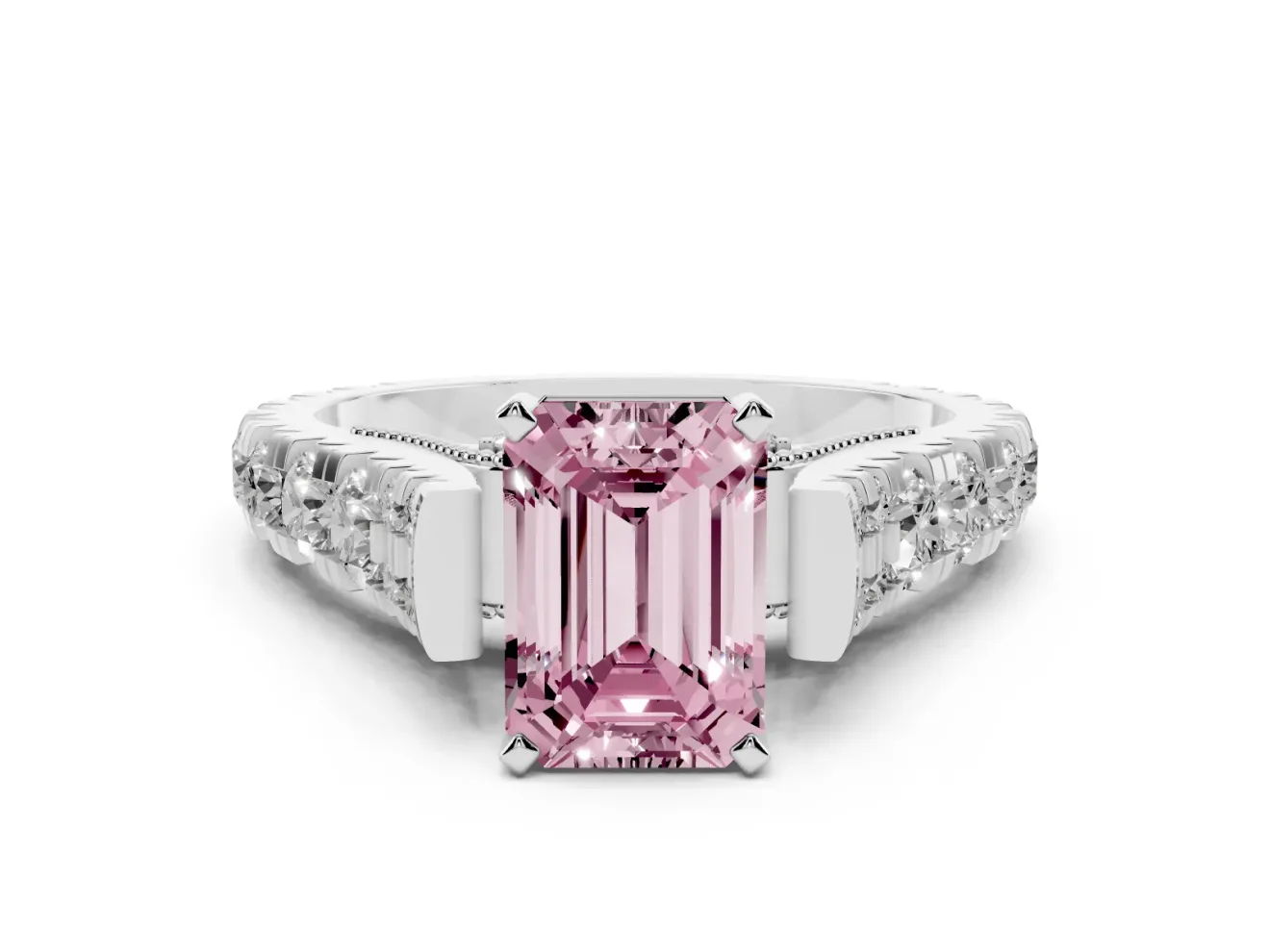 Fancy Pink Emerald Cut Diamond Classic Solitaire Ring Set in Platinum with Pavé Band and Prong Setting