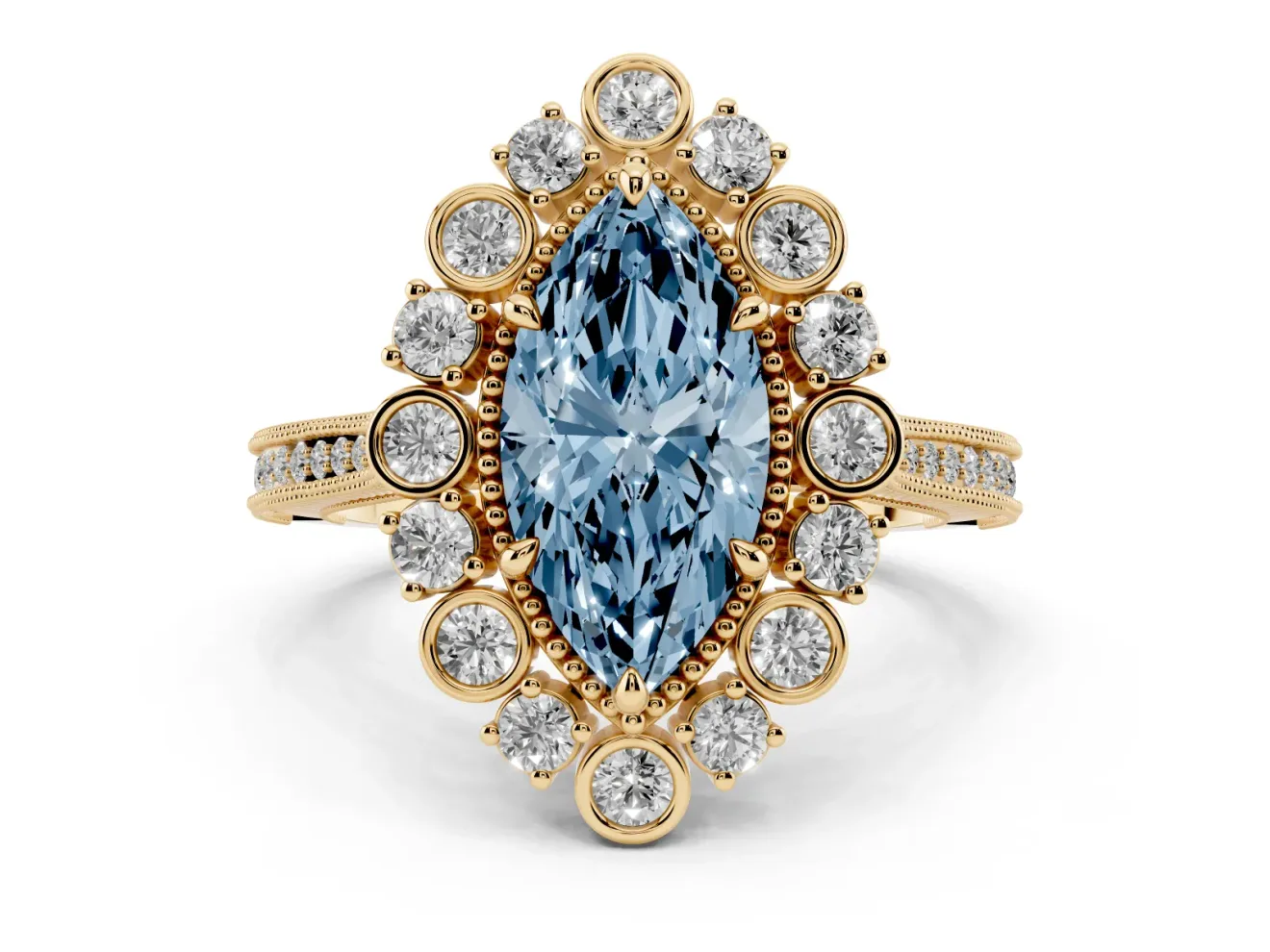 Marquise Scalloped Halo Engagement Ring Setting for a Fancy Blue Lab-Grown Diamond | Milgrain Edges | Yellow Gold