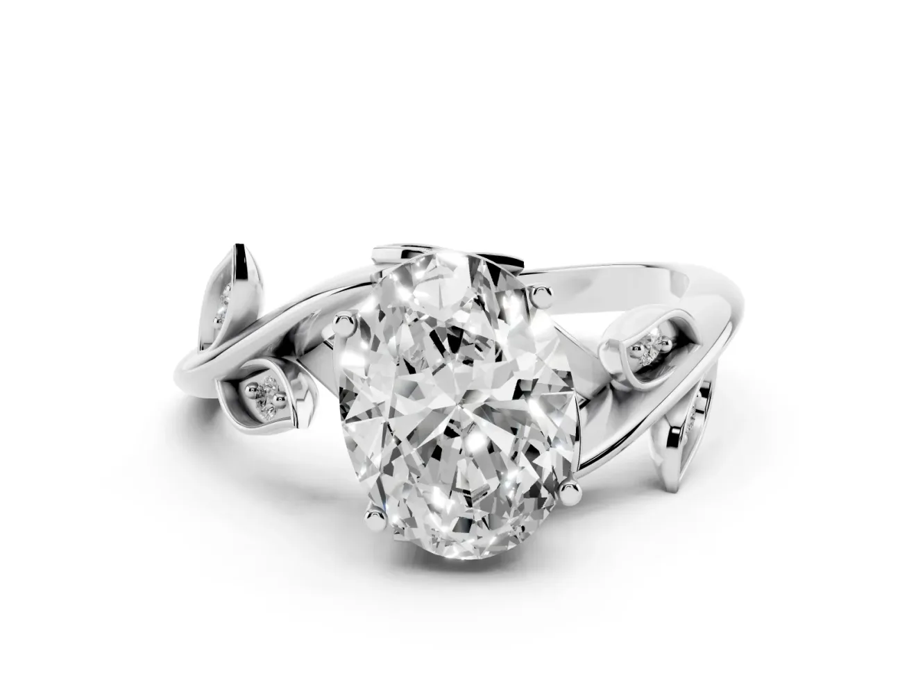 Oval Cut Diamond Solitaire Twist Engagement Ring Set in Platinum with Pavé Leaf Accents