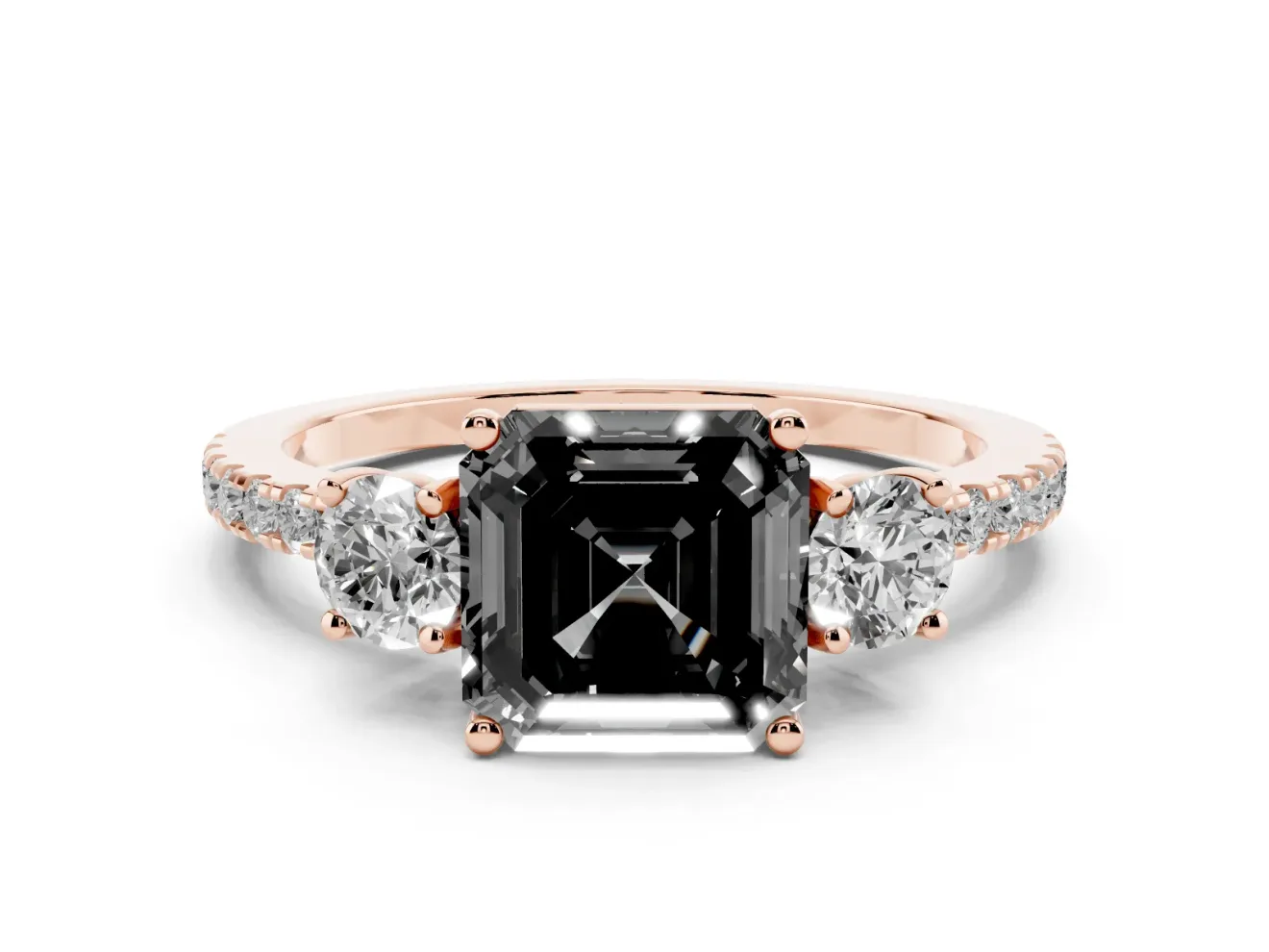 Asscher Cut Three Stone Engagement Ring Setting for a Black Center | Pavé Shoulders | Rose Gold