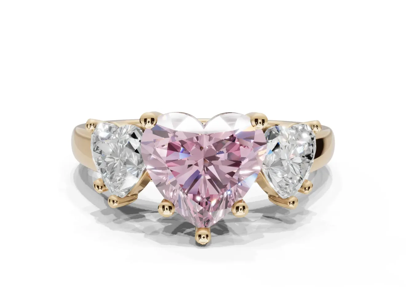 Heart-Shaped Three Stone Engagement Ring Setting for a Fancy Pink Lab-Grown Diamond | Tapered Band | Yellow Gold