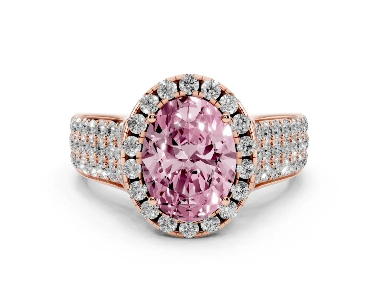 Fancy Pink Oval Cut Diamond Halo Ring Set in Rose gold with Pavé Band and Raised Center Setting