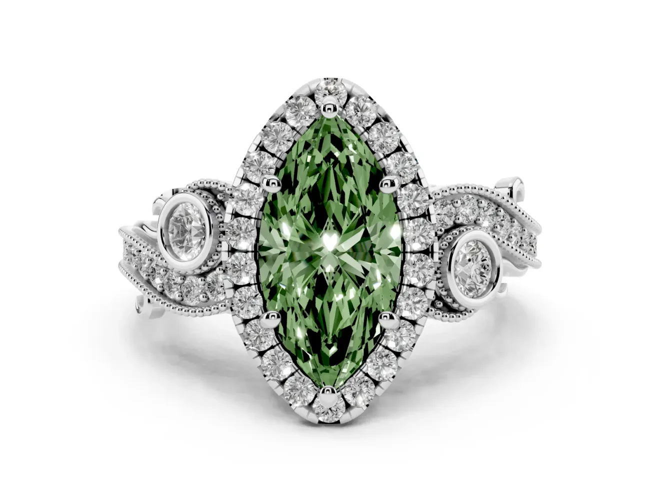 Fancy Green Marquise Cut Diamond Halo Ring Set in White gold with Milgrain Pavé Band and Prong Setting