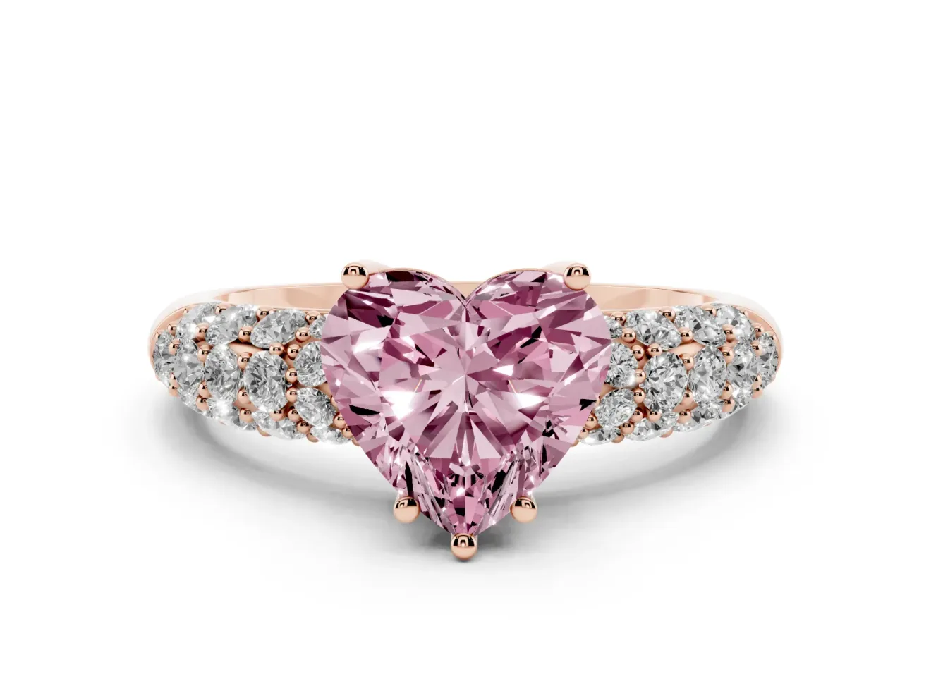 Heart-Shaped Multi Row Pave Engagement Ring Setting for a Fancy Pink Lab-Grown Diamond | Rose Gold