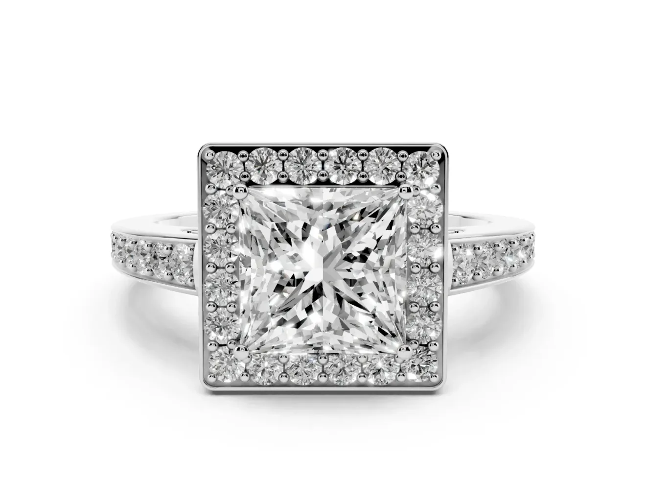 Princess Cut Diamond Halo Pavé Engagement Ring Set in White gold with Bezel Setting