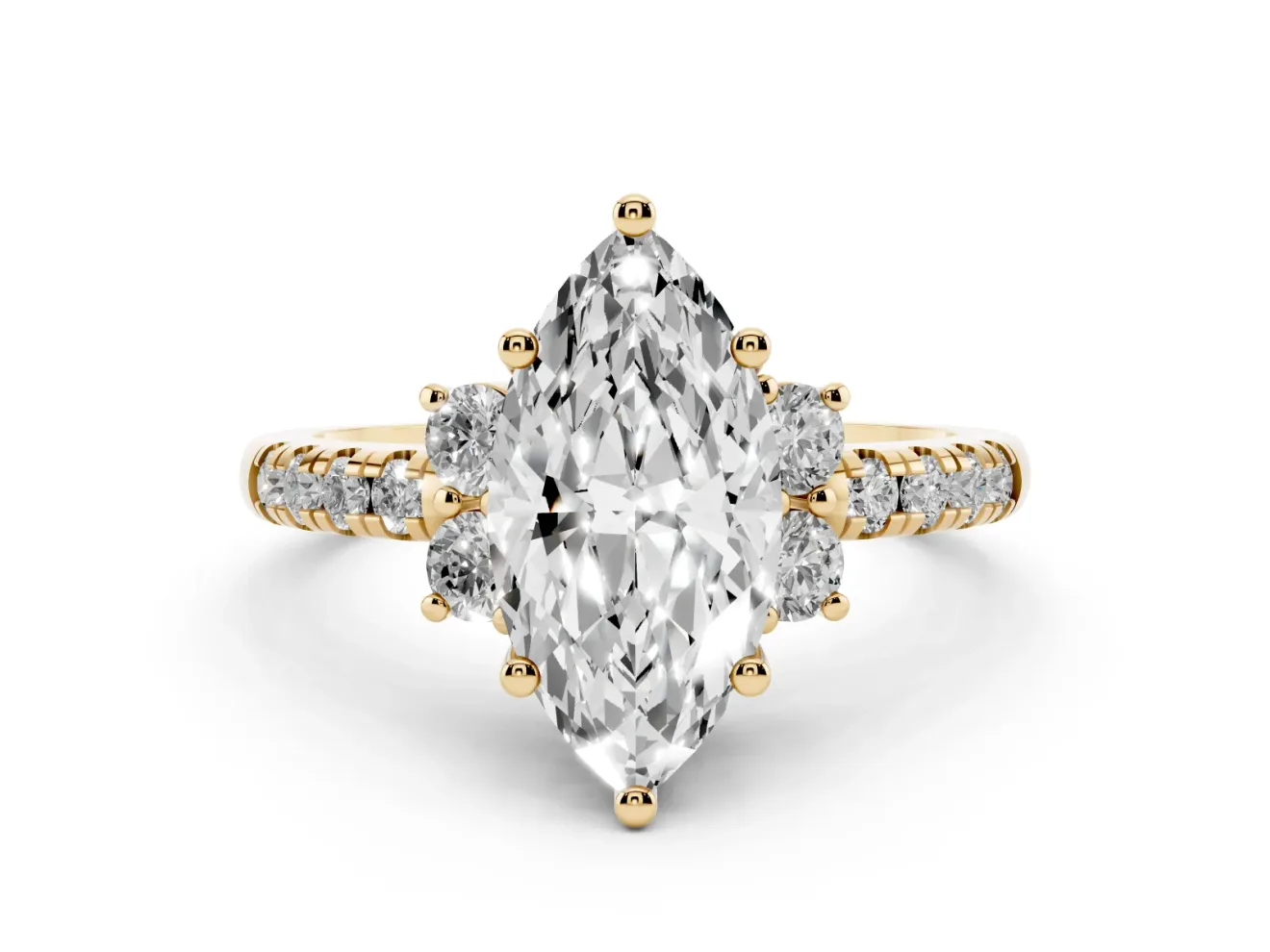 Marquise Side Stone Pave Engagement Ring Setting | Paired Round Accents | Yellow Gold