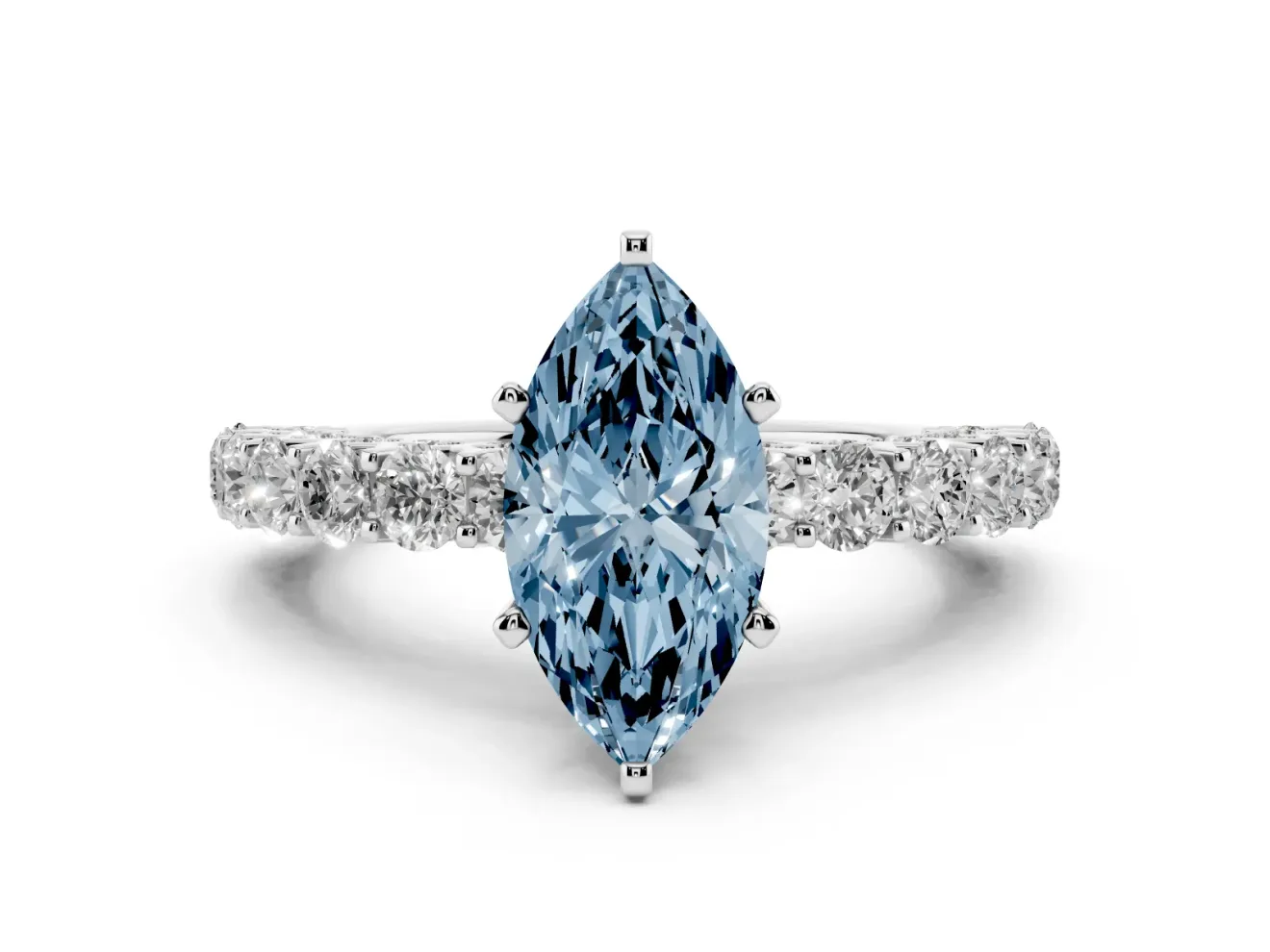 Fancy Blue Marquise Cut Diamond Solitaire Ring Set in Silver with Shared Prong Pavé Band
