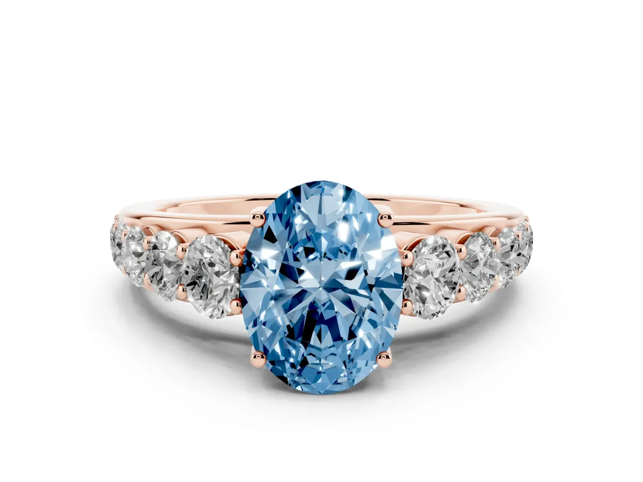Oval Graduated Side Stone Engagement Ring Setting for a Fancy Blue Lab-Grown Diamond | Flat Top Band | Rose Gold