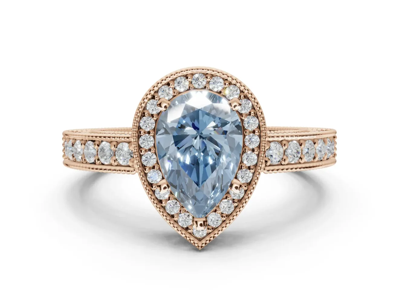 Pear-Shaped Milgrain Halo Engagement Ring Setting for a Fancy Blue Lab-Grown Diamond | Wide Pavé Band | Rose Gold