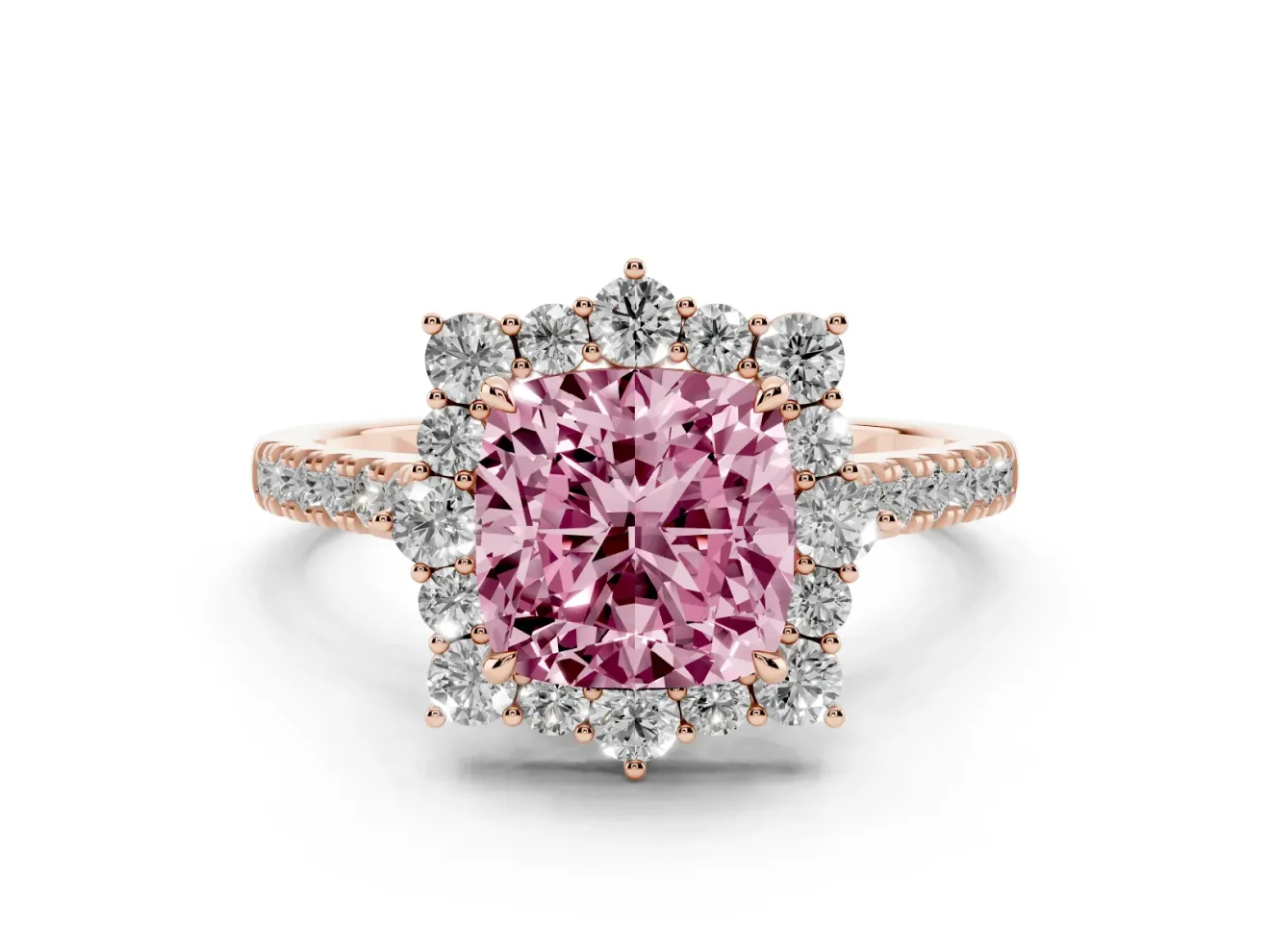 Cushion Cut Scalloped Halo Engagement Ring Setting for a Fancy Pink Lab-Grown Diamond | Single Row Pave | Rose Gold