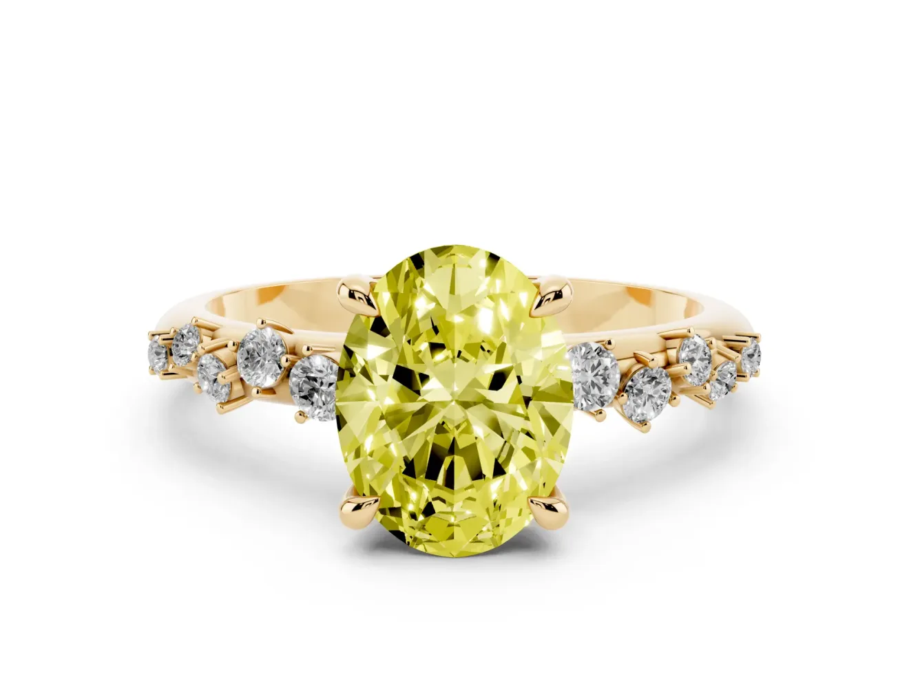 Fancy Yellow Oval Cut Diamond Solitaire Vine Band Ring Set in Yellow gold with Round Accents and Prong Setting