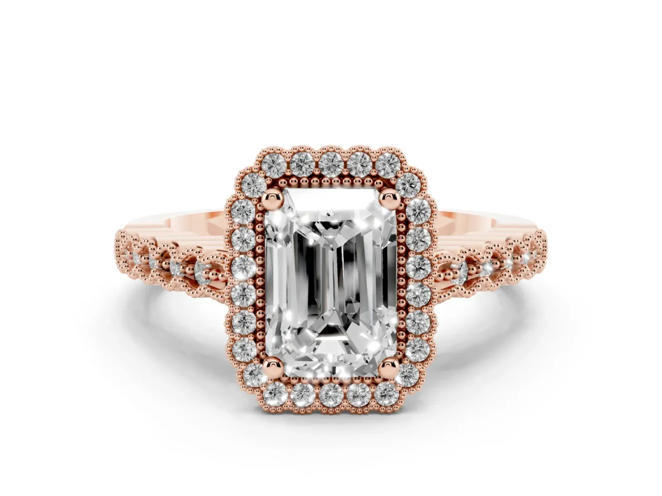 Radiant Cut Vintage Milgrain Halo Engagement Ring Setting | Beaded Pavé Shoulders | Rose Gold