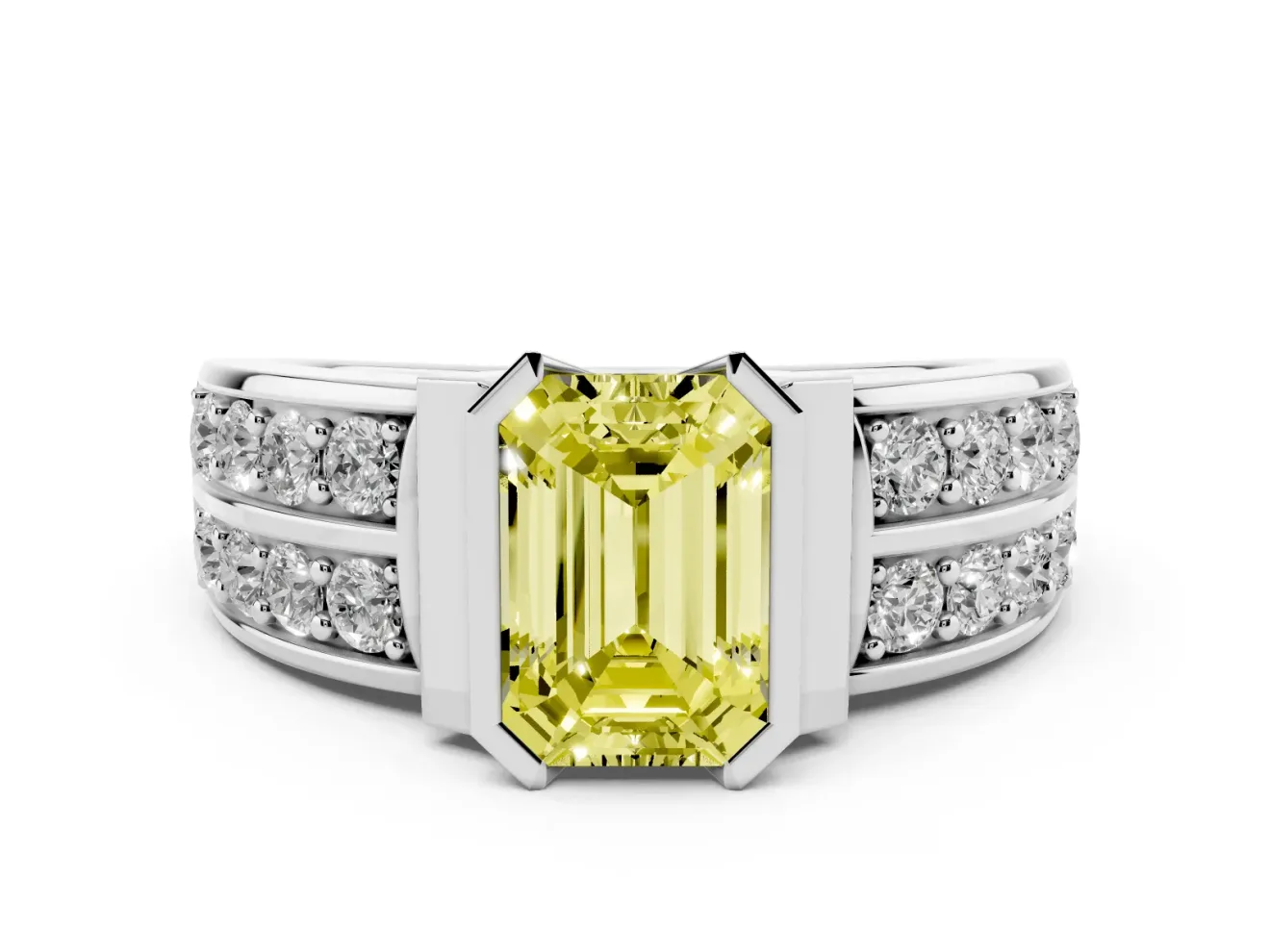Emerald Cut Half Bezel Engagement Ring Setting for a Fancy Yellow Lab-Grown Diamond | Channel Band | White Gold