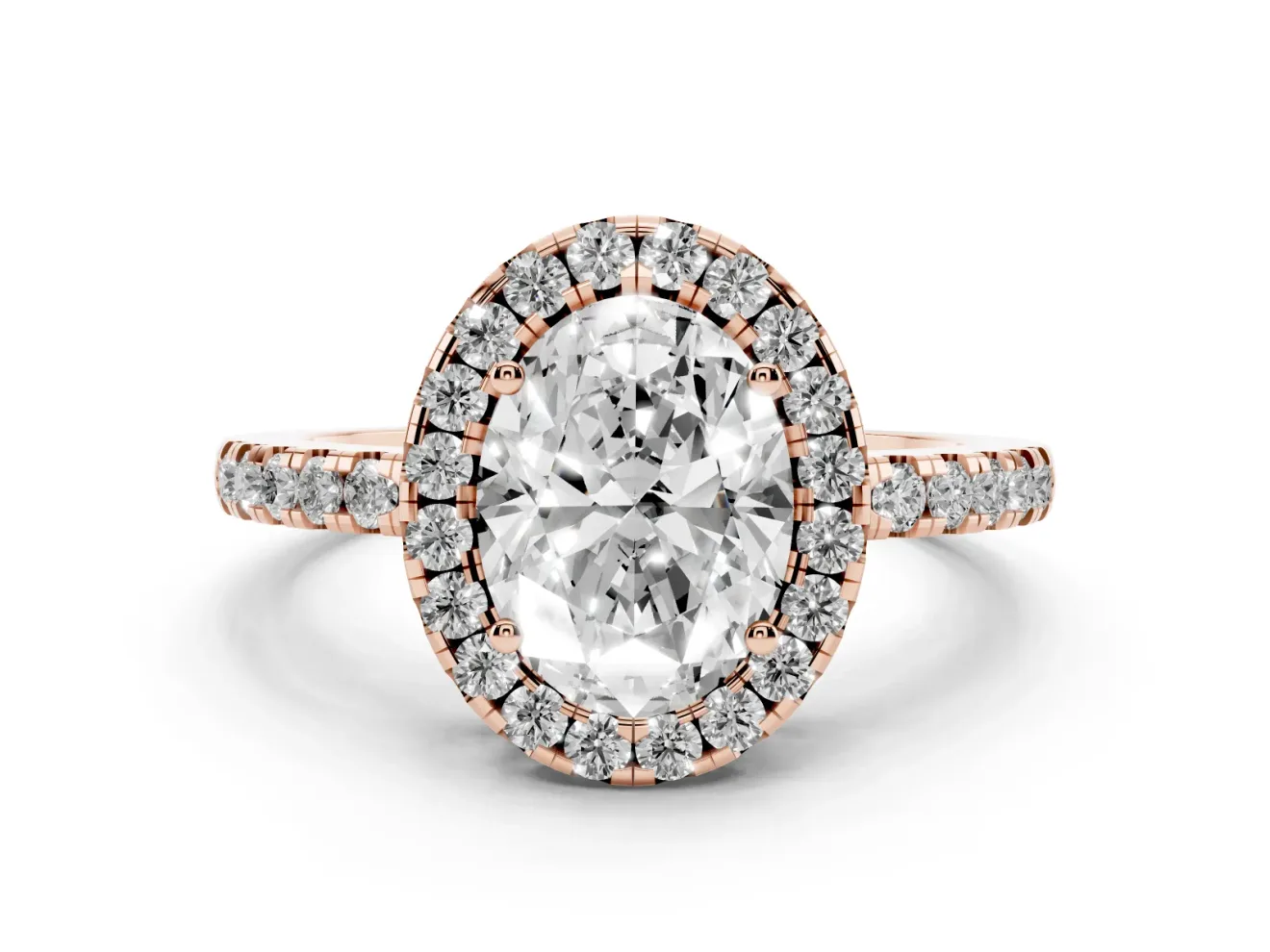 Oval Cut Diamond Pavé Band Halo Engagement Ring Set in Rose gold with Prong Setting