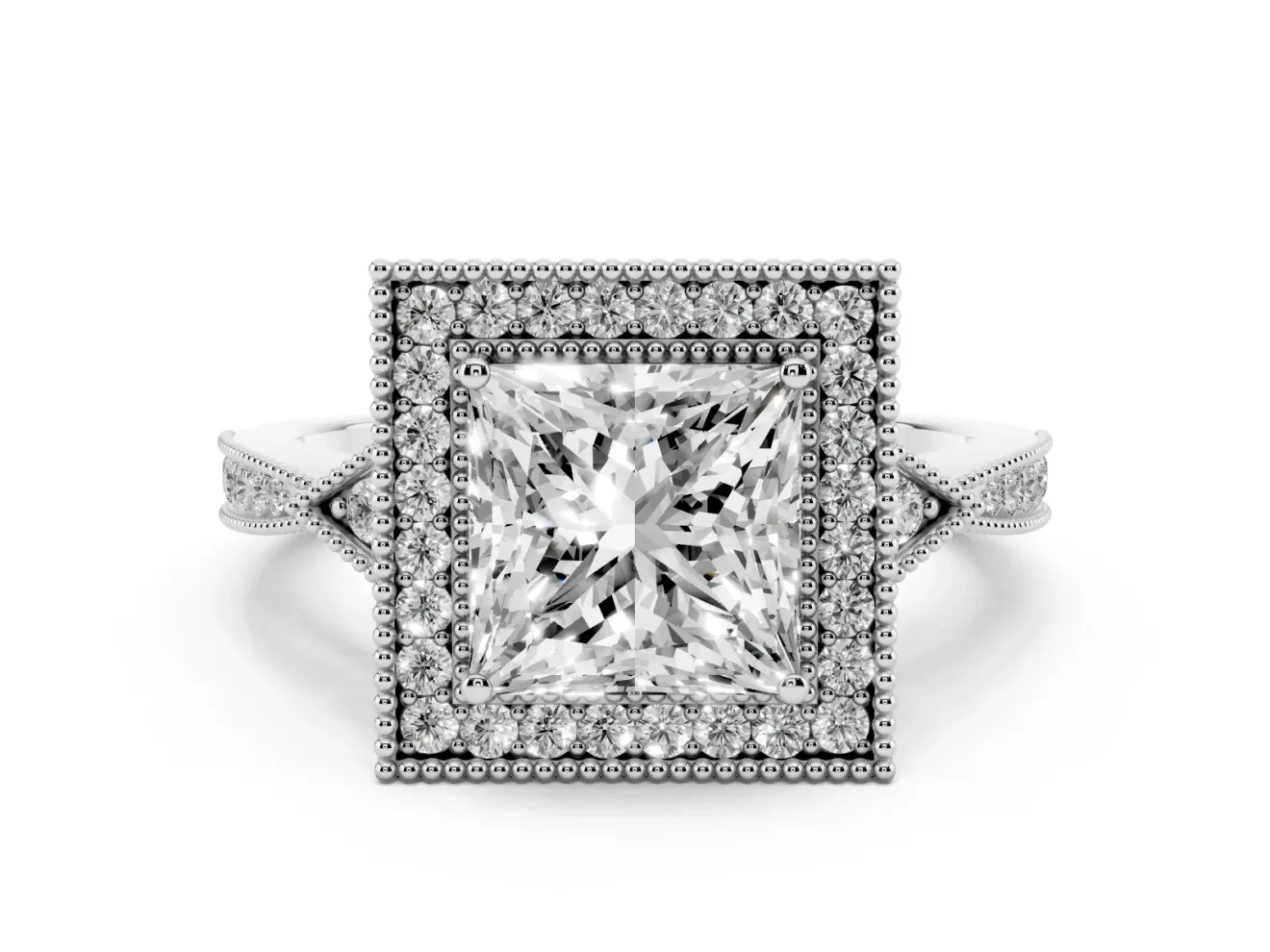 Princess Cut Diamond Halo Engagement Ring Set in Platinum with Milgrain Pavé Band