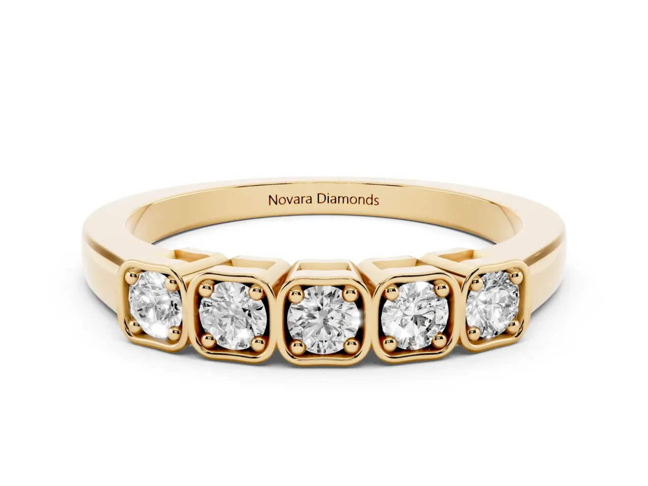 Round Lab-Grown Diamond Five-Stone Wedding Band | Cushion-Square Frames | Yellow Gold