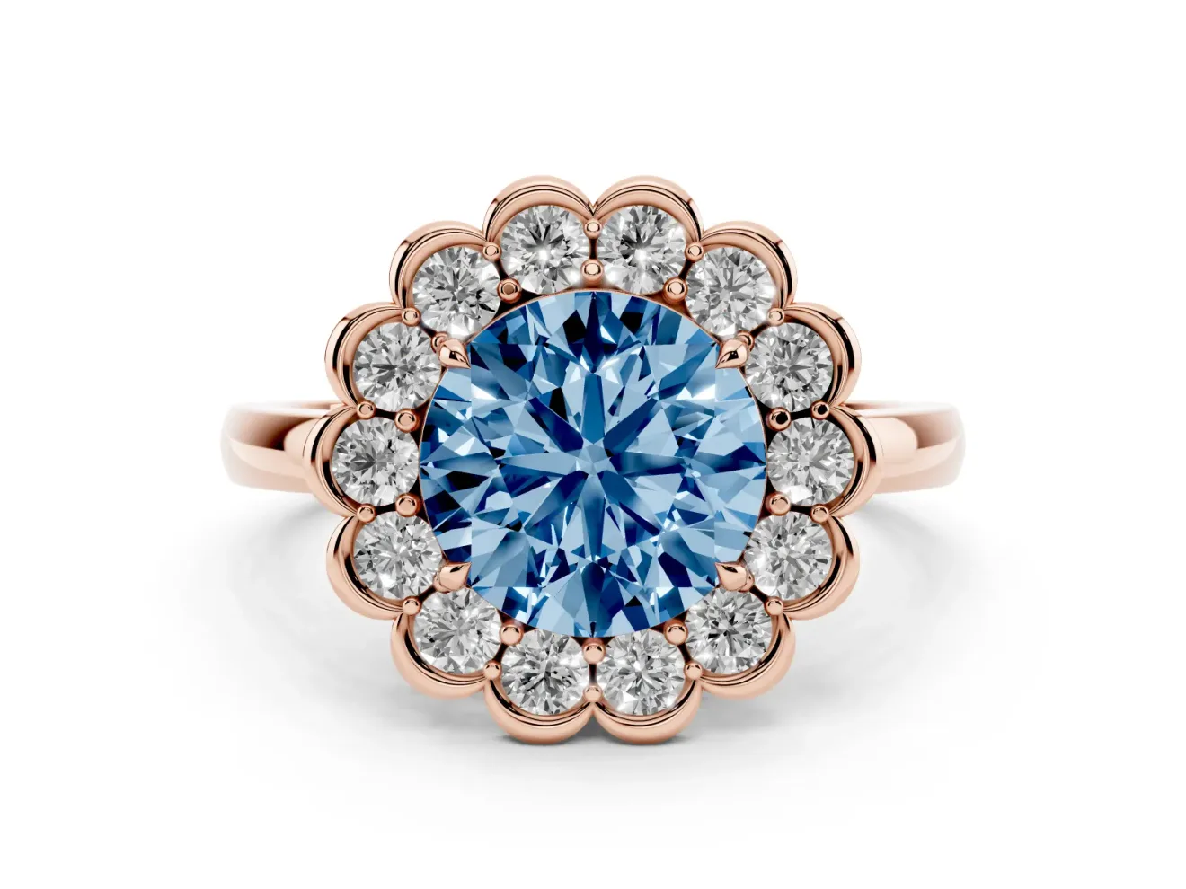 Round Scalloped Cluster Halo Engagement Ring Setting for a Fancy Blue Lab-Grown Diamond | Plain Band | Rose Gold