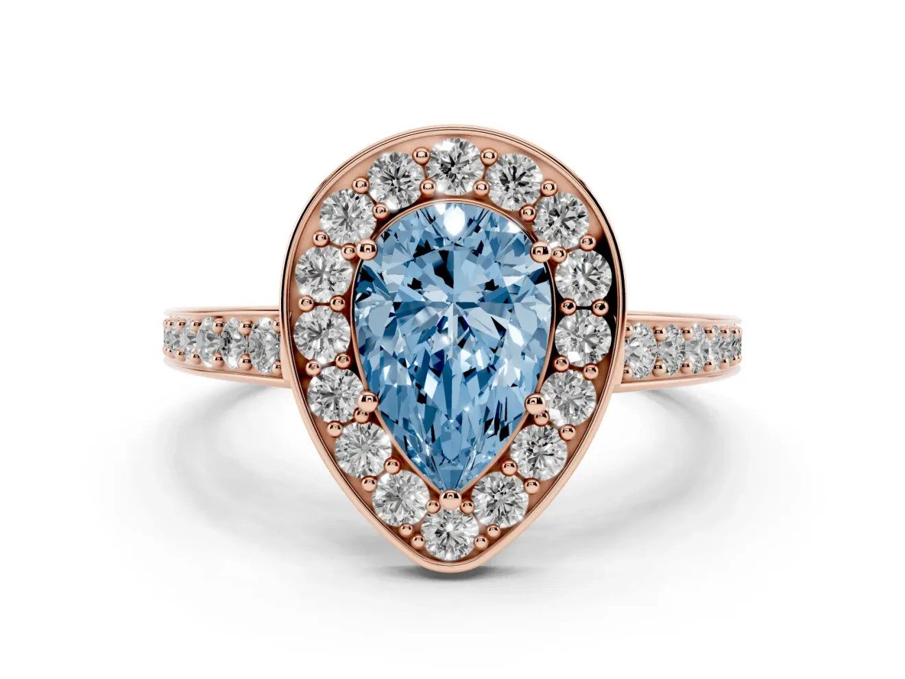 Fancy Blue Pear Cut Diamond Halo Pavé Engagement Ring Set in Rose gold with Bezel Setting