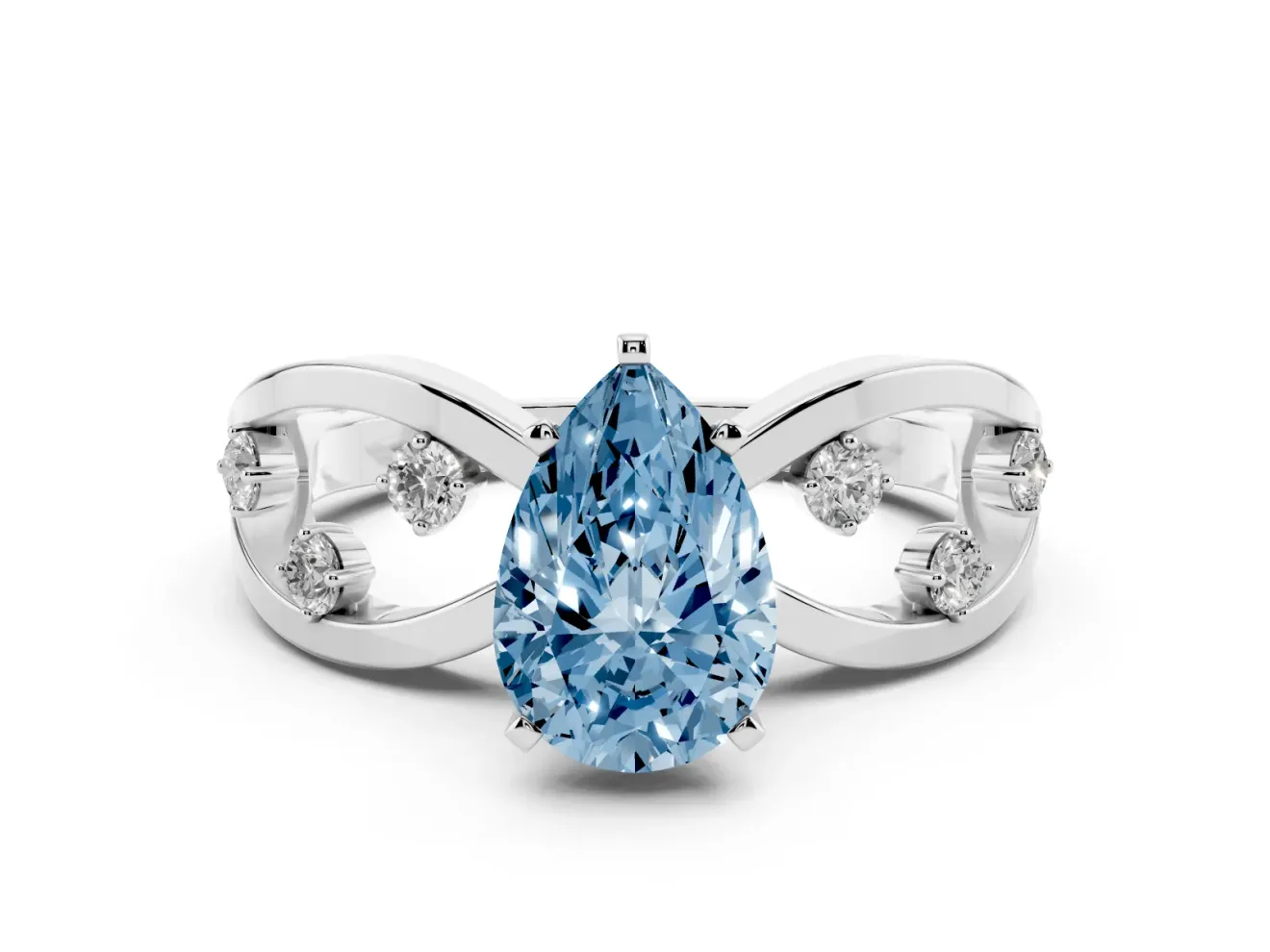 Fancy Blue Pear Cut Diamond Solitaire Ring Set in Platinum with Side Stones on Criss-Cross Band and Prong Setting