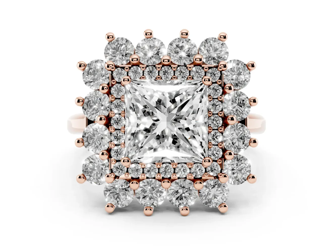 Princess Cut Floral Double Halo Engagement Ring Setting | Plain Band | Rose Gold