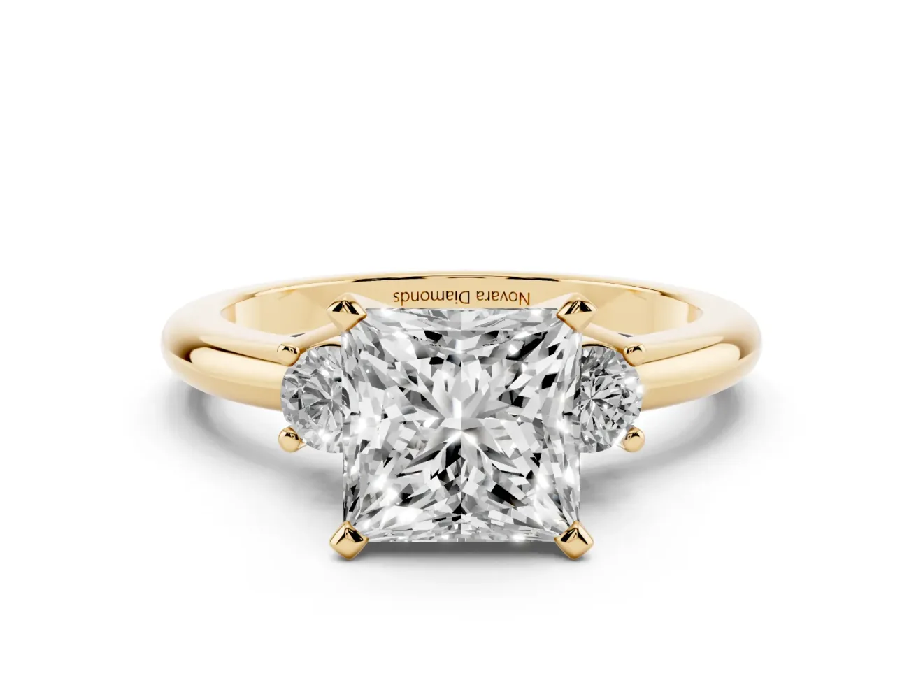 Princess Cut Three Stone Engagement Ring Setting | Round Side Stones | Yellow Gold