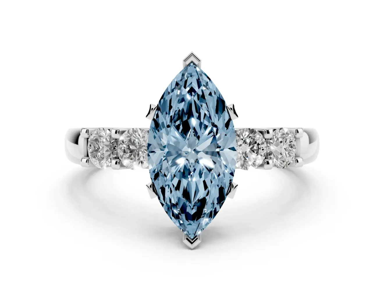 Fancy Blue Marquise Cut Diamond Five-Stone Prong Set Engagement Ring Set in Silver with Channel Band