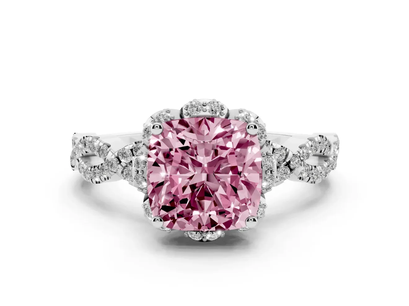 Fancy Pink Cushion Cut Diamond Halo Twist Band Solitaire Ring Set in White gold with Prong-Set Center Stone