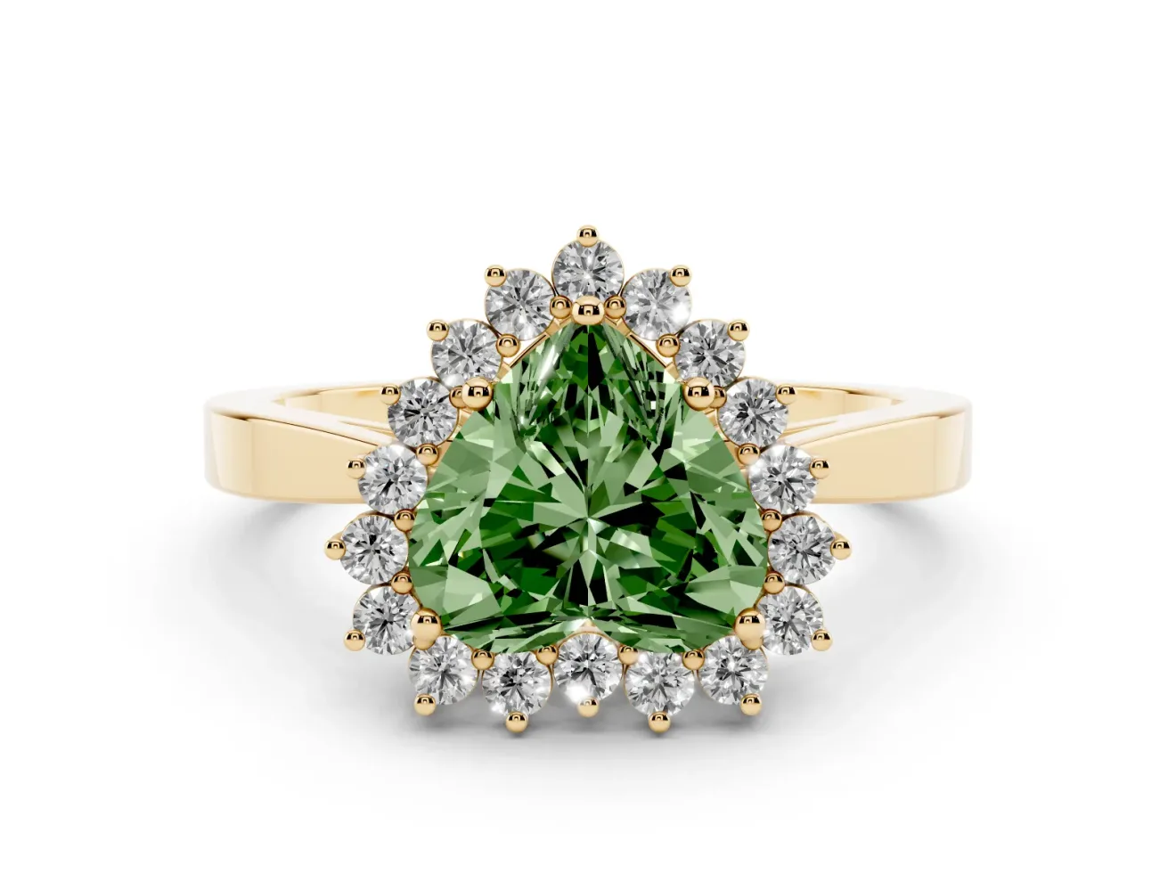 Fancy Green Heart Cut Diamond Halo Ring Set in Yellow gold with Round Halo and Smooth Solitaire Band