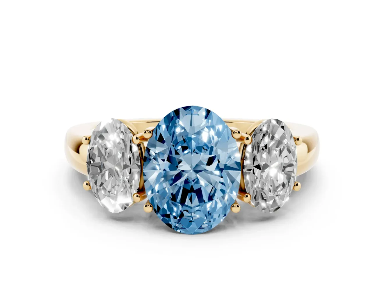 Oval Three Stone Engagement Ring Setting for a Fancy Blue Lab-Grown Diamond | Matching Side Stones | Yellow Gold