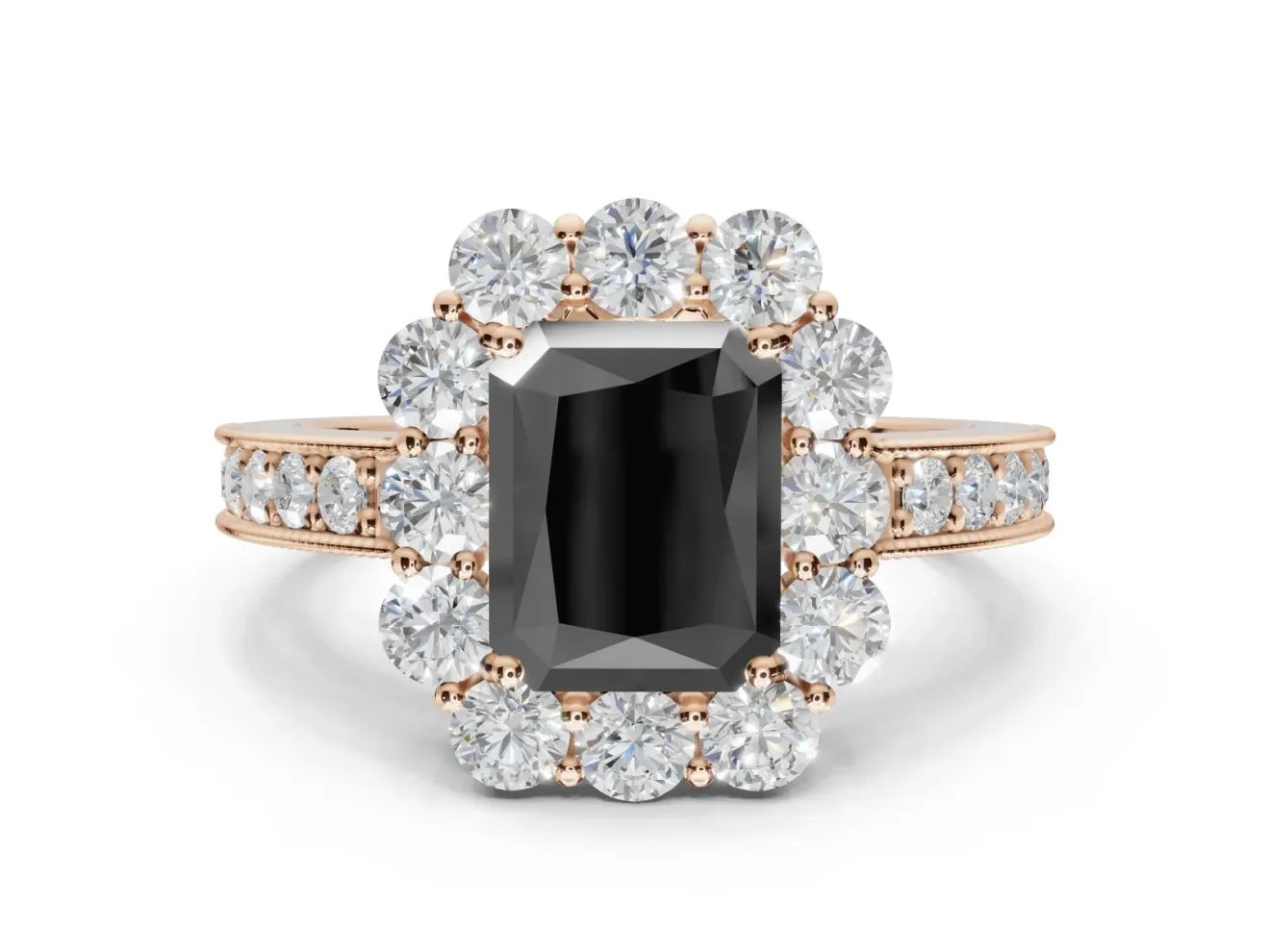 Fancy Black Radiant Cut Lab-Grown Diamond Halo Pavé Engagement Ring Set in Rose Gold with Milgrain Detailing