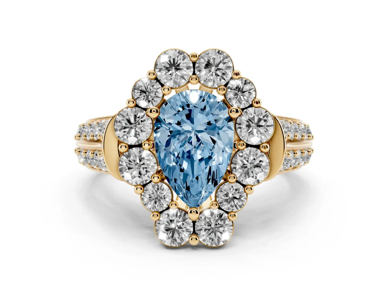 Fancy Blue Pear Cut Diamond Halo Engagement Ring Set in Yellow gold with Split Shank and Prong Setting