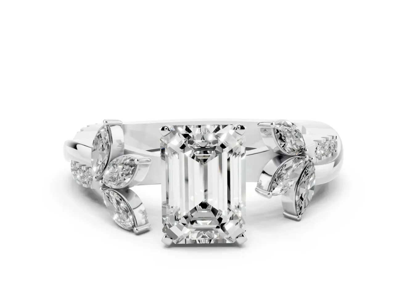 Emerald Cut Diamond Floral Vine Solitaire Engagement Ring Set in Silver with Marquise Leaves