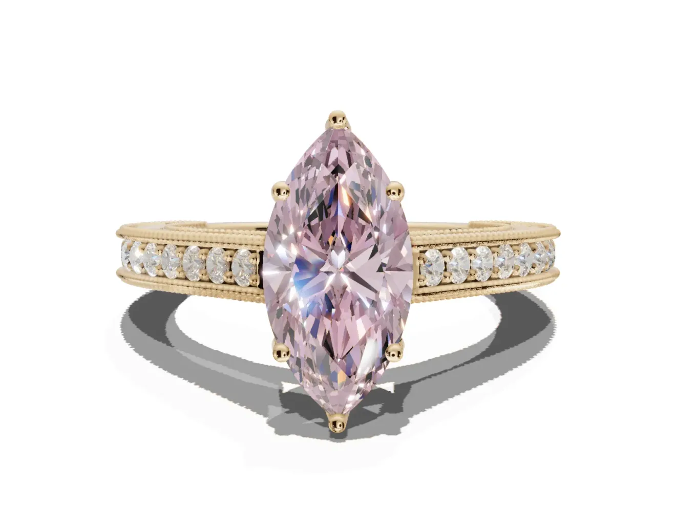 Marquise Vintage Engraved Pavé Engagement Ring Setting for a Fancy Pink Lab-Grown Diamond | Milgrain Edges | Yellow Gold